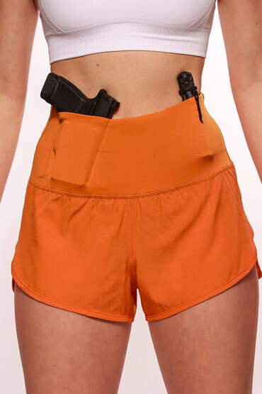 Alexo Women's Concealed Carry Runners Shorts in Hot Orange with Polyester shell